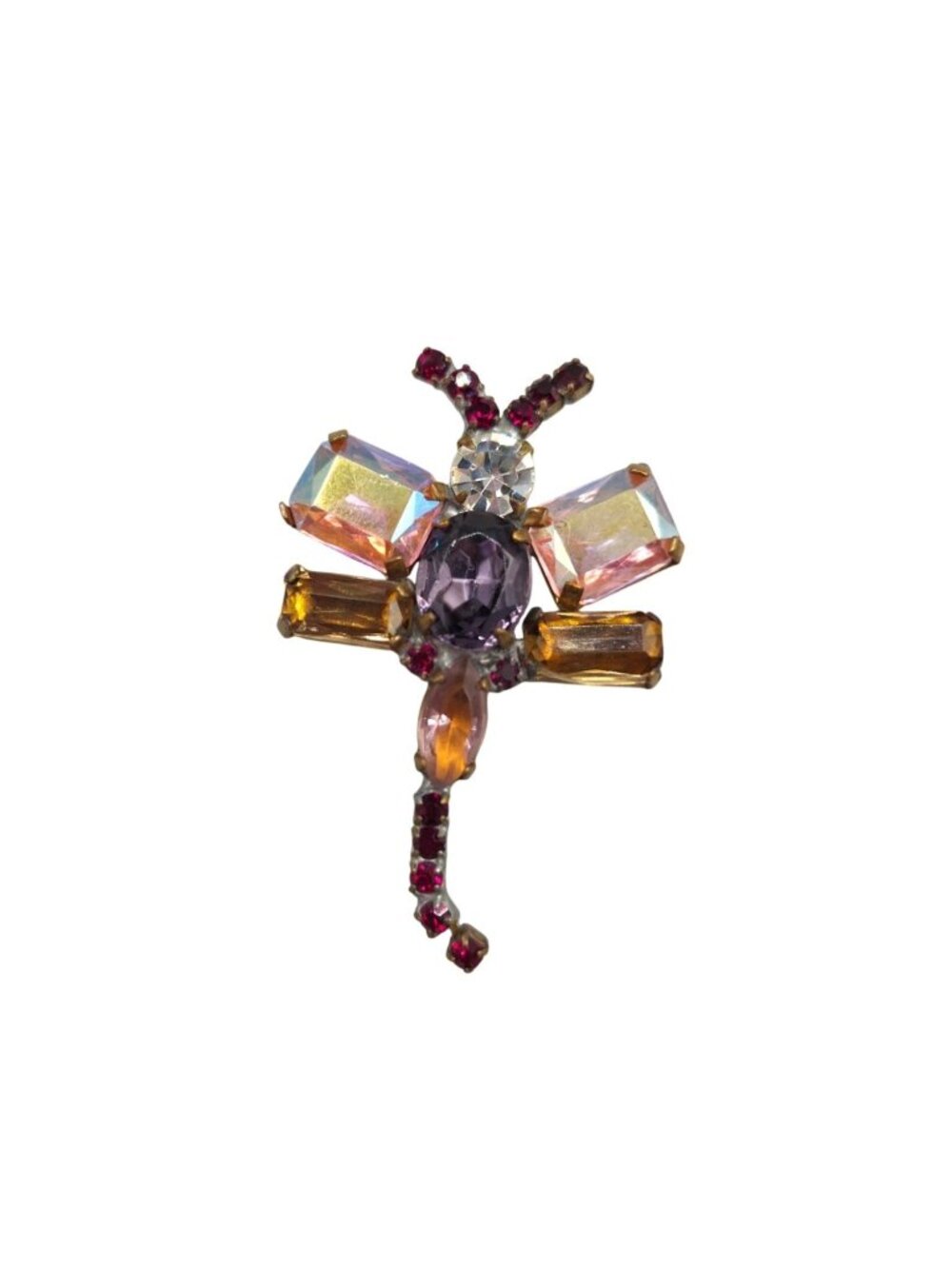 Vintage Dragonfly Rhinestone Brooch Multicolor Gold Tone Finish Insect Jewelry